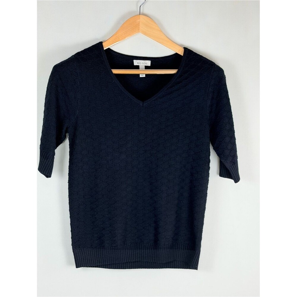 Ella Moss Textured Knit Top Black V Neck Short Sleeve Sweater Small